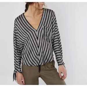 Free People Morning Black White Stripe V Neck Dolman Tie Sleeve Boho Top Size L